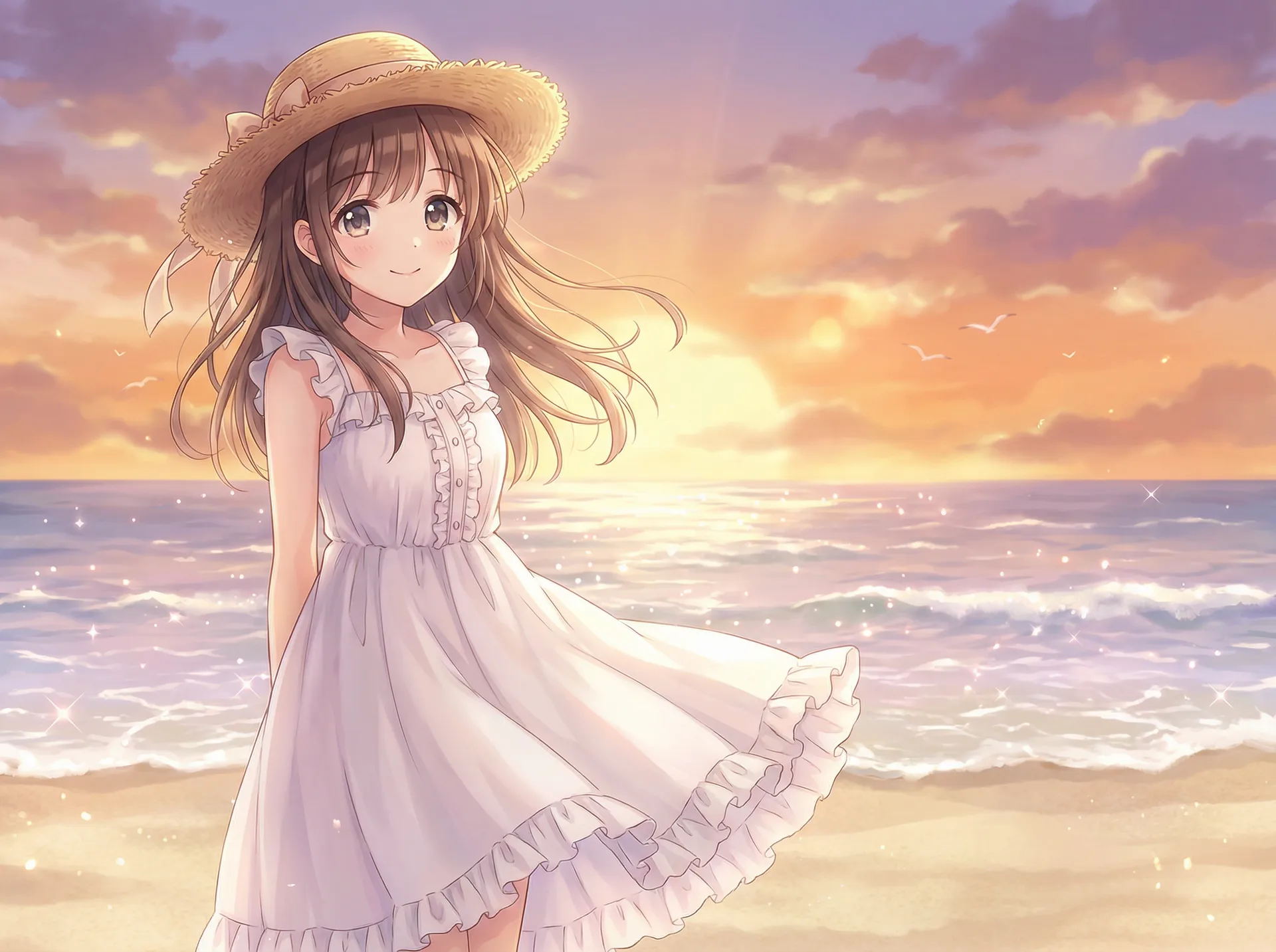 桃乃木 高清写真 - 海边日落时分的桃酱，白色连衣裙随海风飘扬